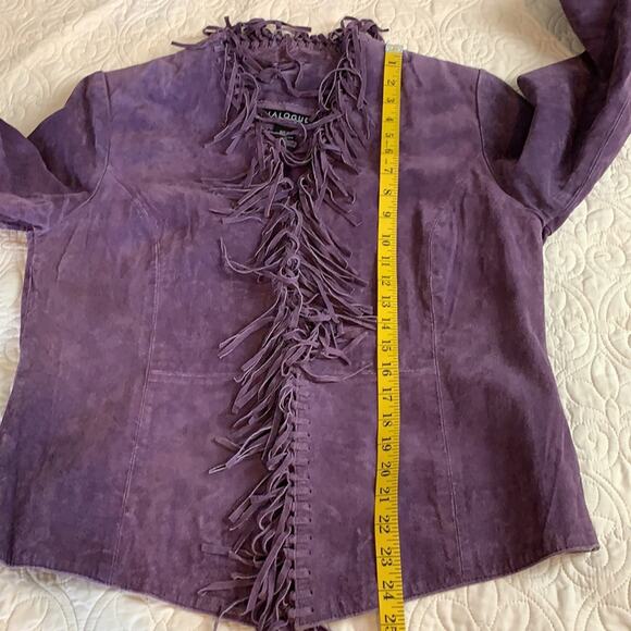 Dialogue purple 100% leather fringed jacket shoulder pads fully lined size M - Picture 8 of 8